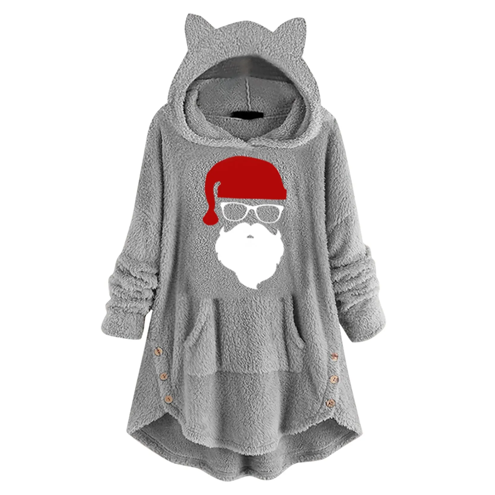 

Women'S Pullover Cute Pockets Long Sleeve Printed Button Ear With Cat Hoodie Hoodies Top Fleece Women's Blouse
