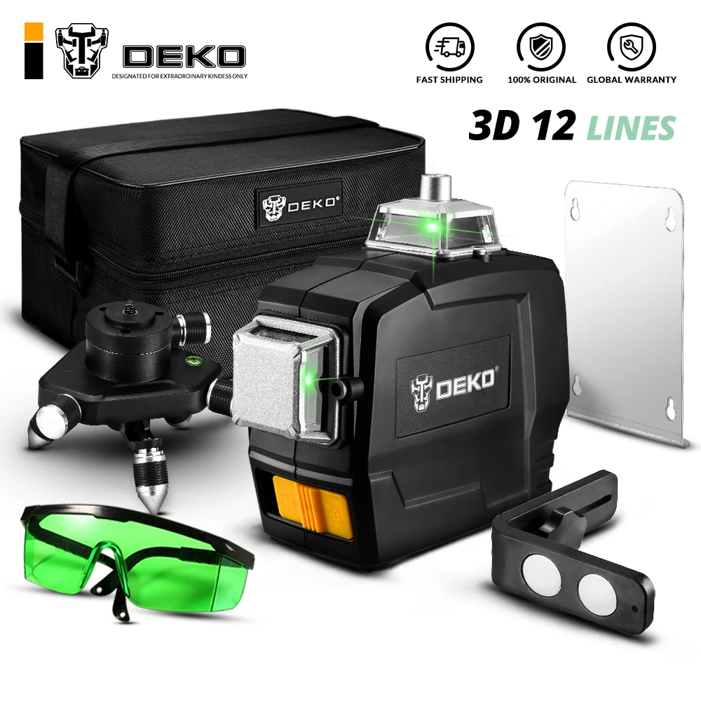 DEKO DC Series 12 Lines 3D Green Laser Level Horizontal And Vertical Cross Lines With Auto Self-Leveling, Indoors and Outdoors