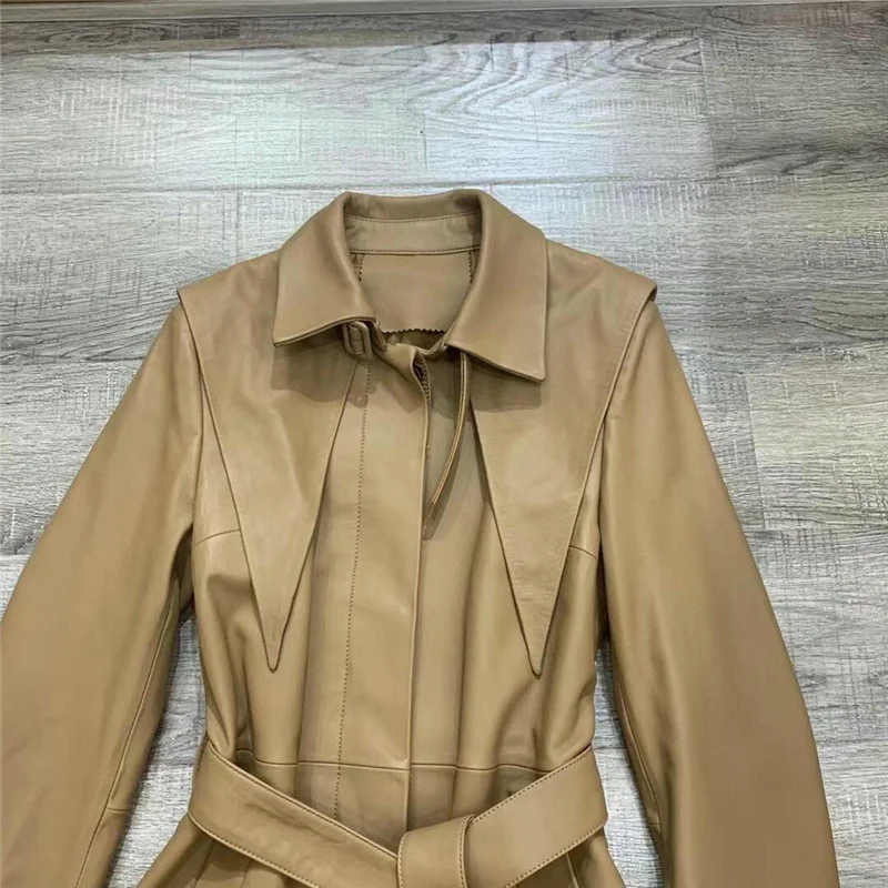Women Real Leather Black Khaki Long Trench New Turn Down Collar Long Sleeve Loose Fit Windbreaker Fashion Tide Spring