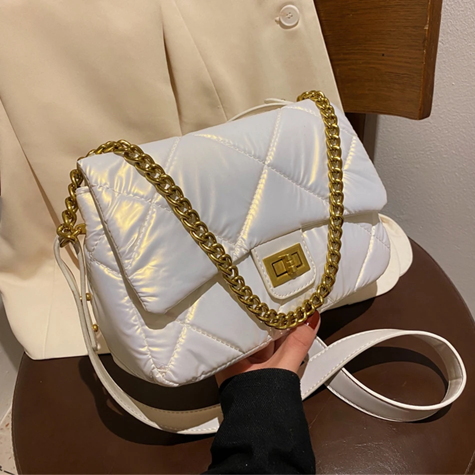 

Winter Women's Padded Shoulder Crossbody Bag High Quality Down Fabric Chain Totebag Luxury Designer Fashion Ladies Messenger Bag
