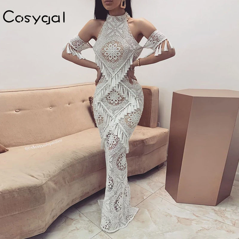COSYGAL Tassel облегающее кружевное белое платье женские элегантные вечерние платья зима осень двухслойная подкладка Вышивка Длинные платья