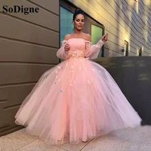 SoDigne Ball Gown Evening Dresses Hand-Made Flower Tulle Long Sleeves Off Shoulder Floor Length Women Formal Prom Gowns (4)