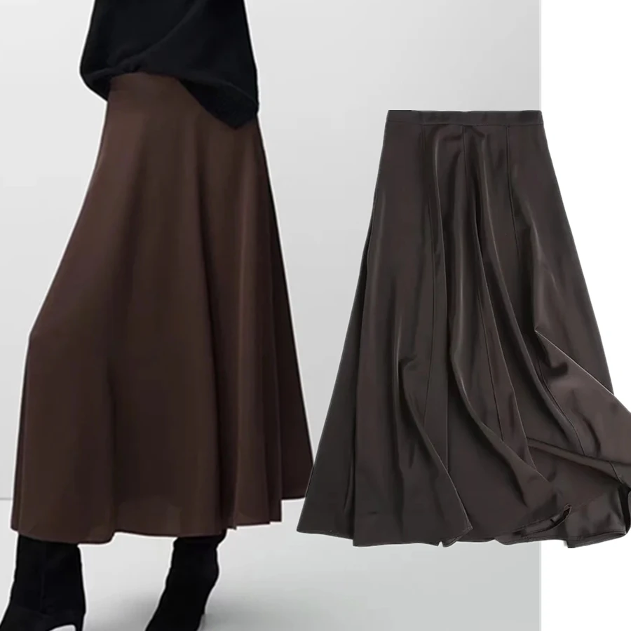 

Withered England Style Fashion Simple Midi Skirt Women Elegant High Waist Satin Faldas Mujer Moda 2022 A-line Long Skirts Womens