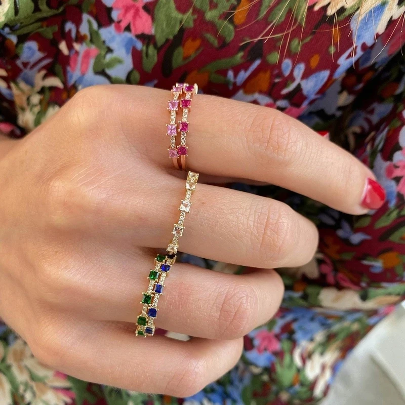2023 Minimal Rainbow Colorful White Blue Green Cz Paved Stack Band Rings For Women Lady Fashion Engagement Wedding Jewelry