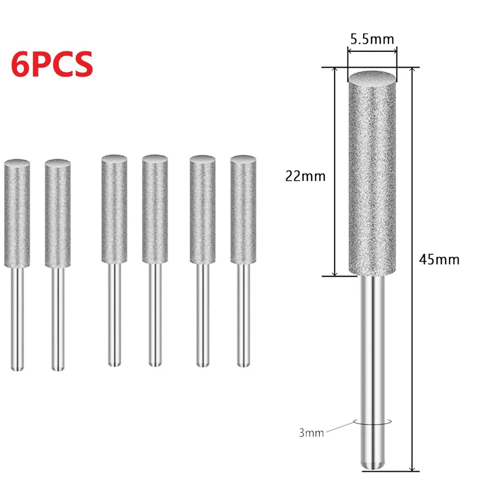 

6PC Diamond Chainsaw Sharpener Chain File 4.0mm 4.8mm 5.5mm Metal Polishing 3mm Shank Electric Saw Sharpening Head Abrasive Tool
