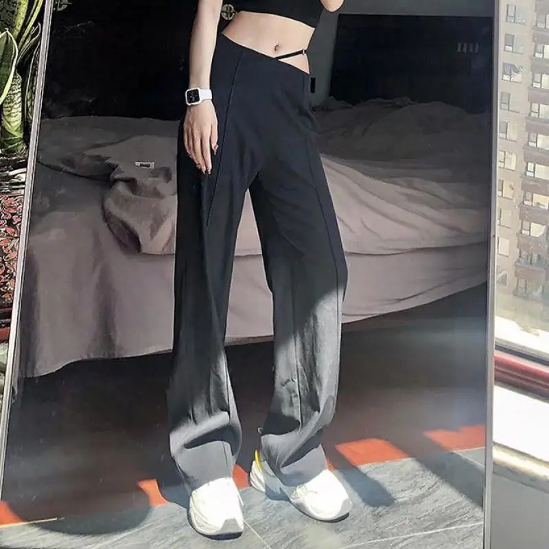 

2021 Women Spring New Loose Pants High Waist Streetwear Young Style Fashion Casual Straight Leg Solid Color Zip Side High Low