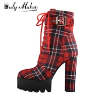 onlymaker womens platform ankle boots buckle strap chunky heel red plaid lace up side zipper round toe booties for winter