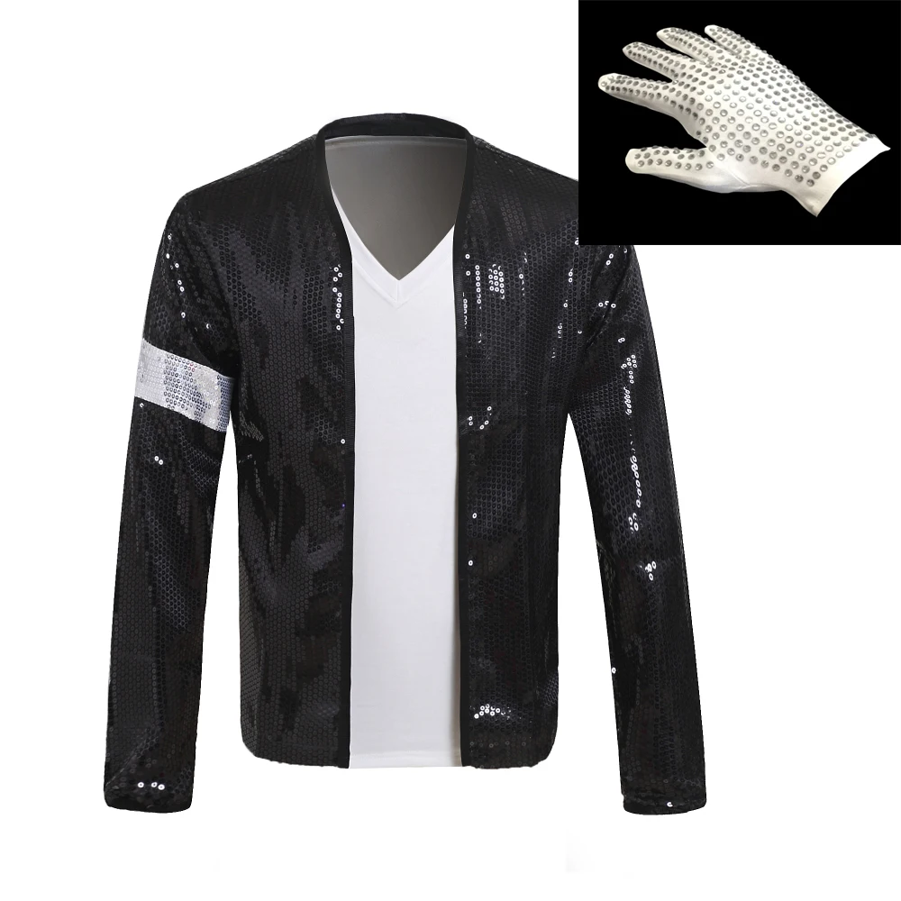 

MJ Michael Jackson Billie Jean Coat Black Sequin Armband Jacket And Glove Outwear Hallowmas Party Costume Cosplay Prop 1BLJD0211