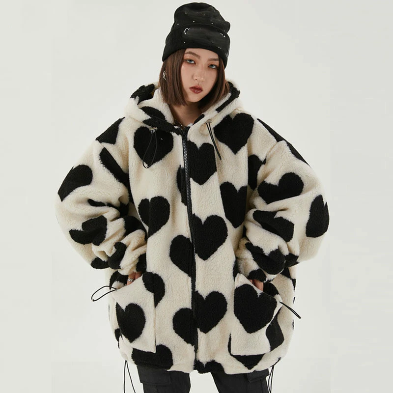 Ladies Lamb Plush Winter 2022 New Korea Fashion Love Printed Plush Jacket Loose Long-sleeved Hooded Cotton Crop Jacket