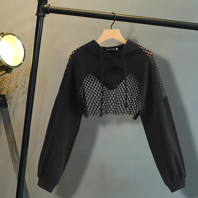 Женские толстовки свитшот ультракороткий сетчатый пуловер со вставками