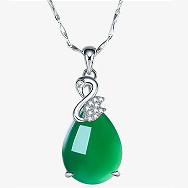 

Popular 925 Silver Water Drop Green Jade Pendant Necklace Chalcedony Charm Jewelry Accessories Fashion Amulet for Women Gifts