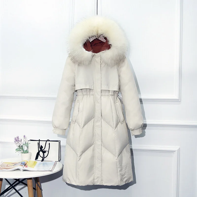 GBYXTY daunenjacke damen/большой размер 3XL длинный пуховик с капюшоном для женщин зимнее пуховое пальто с мехом енота парка с перьями ZA1705 - Цвет: Бежевый