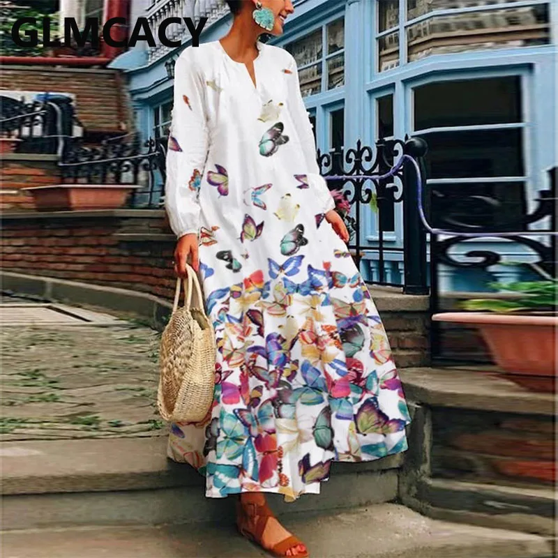 

Women Elegant Butterfly Print Long Dress Summer Long Sleeve Party Dress Retro Maxi Dress Vestidos