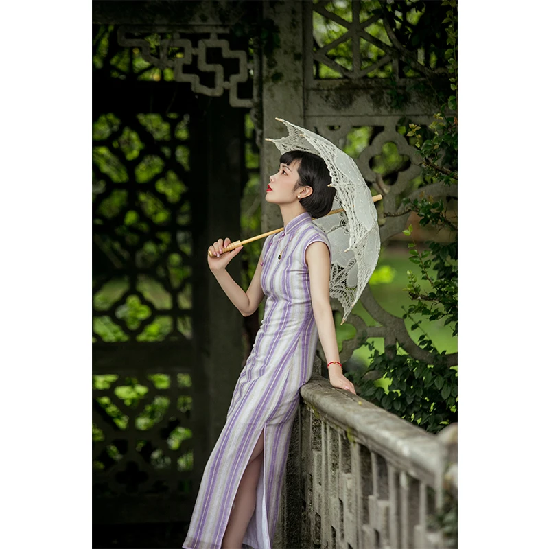 

top ulara old Shanghai purple light silk girl stripe cheongsam cotton restoring ancient ways of the republic of China