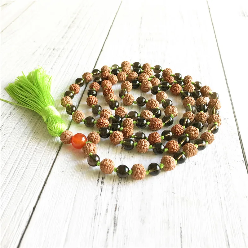 Ожерелье рудракша и смокикварц 108 Мала Бусы ожерелье с кисточкой ювелирные