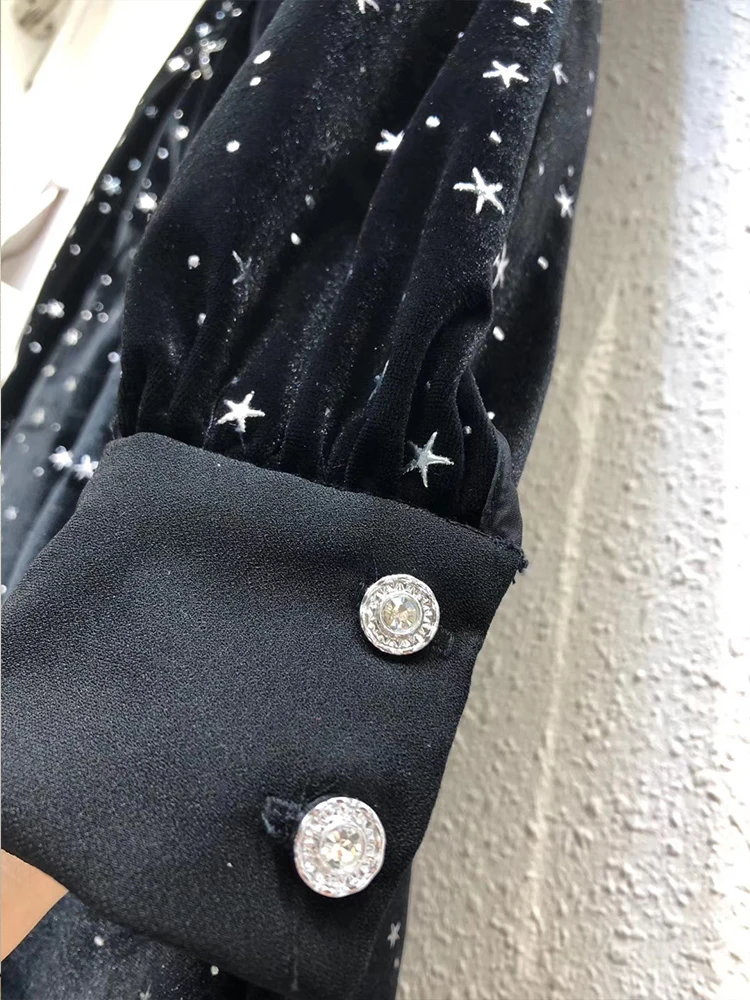 

Free shipping heavy craftsmanship bronzing pattern pleated zou V-neck bowknot straight velvet dress ladies autumn new style