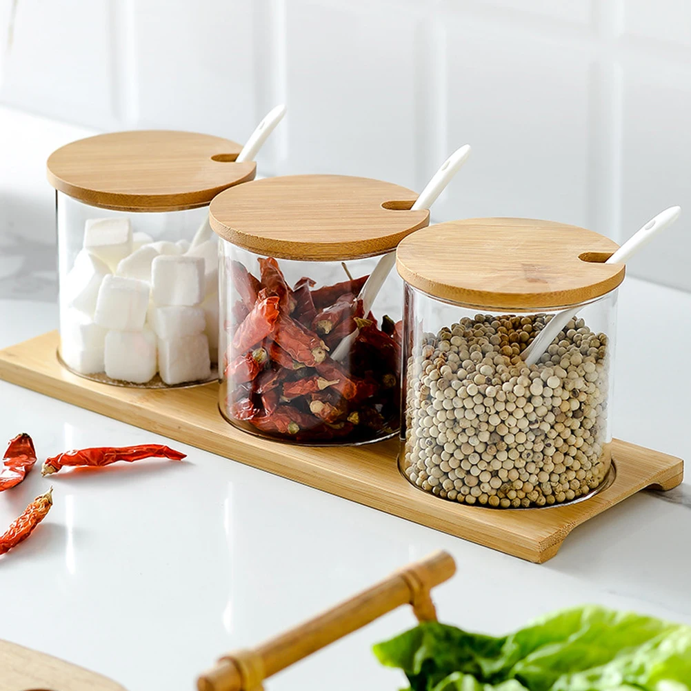 

3Pcs/Set Glass Spice Jar With Spoon Spice Container Seasoning Cans Pepper Shaker Storage Box With Bamboo Tray Kitchen