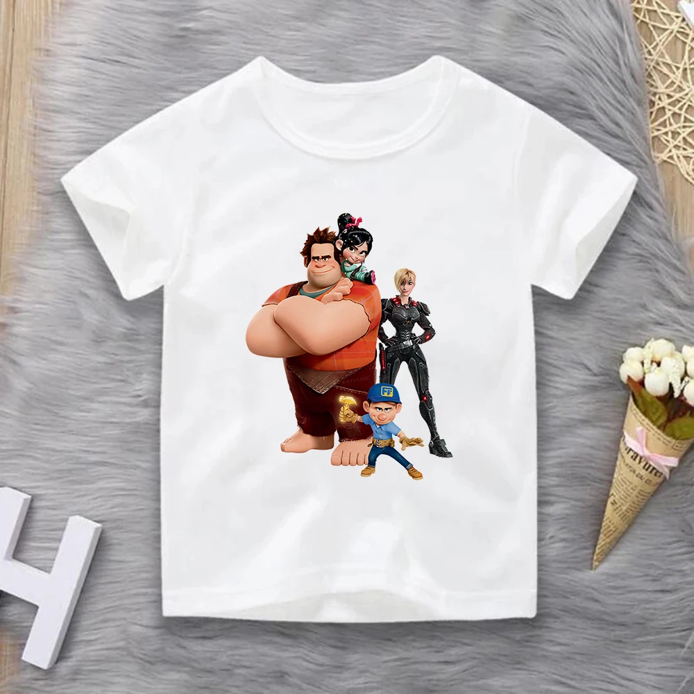 

Футболки с рисунком из мультфильма Disney в стиле аниме-It Ralph Lauren, Детская уличная одежда, повседневные топы, белая мягкая ткань, детская одежда,...