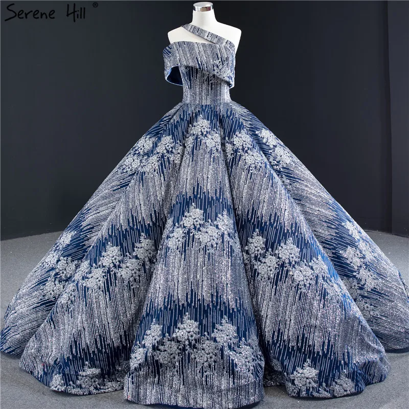 Роскошные сексуальные свадебные платья Дубая на одно плечо Синие Блестящие без