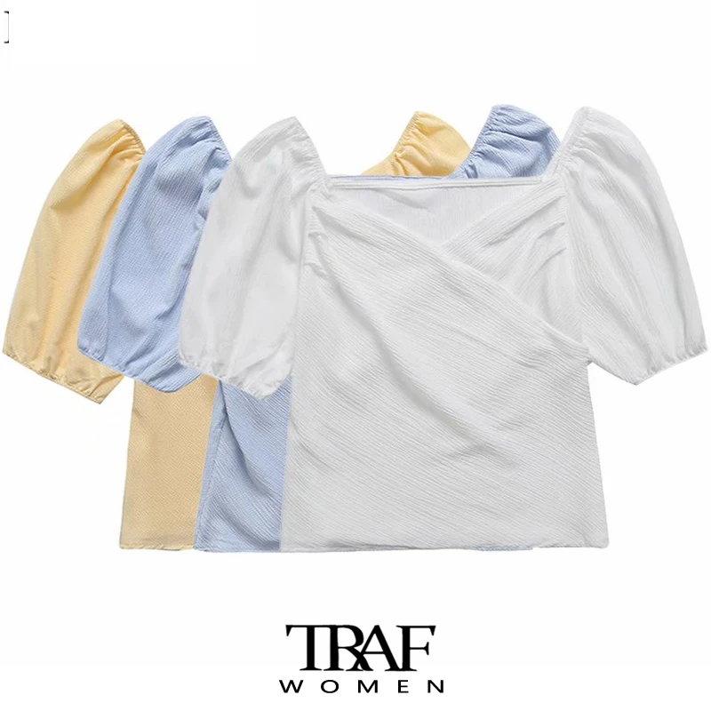 

Блузка женская укороченная с V-образным вырезом и пышными рукавами