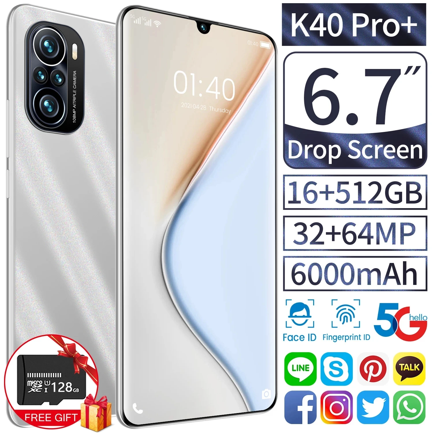 

K40Pro + смартфон с 5,5-дюймовым дисплеем, десятиядерным процессором Snapdragon 6,7, ОЗУ 16 ГБ, ПЗУ 888 ГБ, 512 мАч, Android 11, 32 + 64 Мп