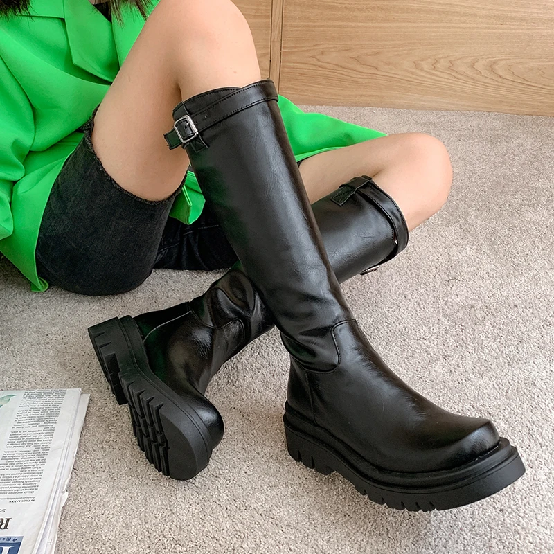

2021 Women Boots Fashion Lace Up Motorcycle boots soft Pu Low Heel Knee High Boots Autumn Wintre Zipper Long Boots Ladies Shoes
