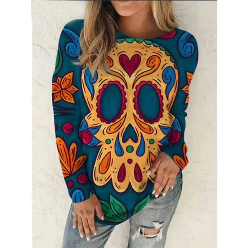 

Женская Повседневная футболка, свободная Винтажная футболка с длинным рукавом, круглым вырезом и принтом черепа, модель SJ8596X на весну и осен...