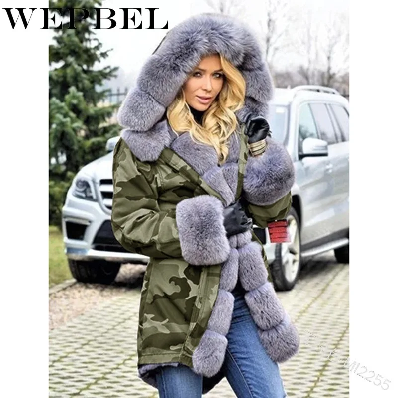 

Mandylandy Winter Jacket for Women New Long Parka Faux Fur Coat Camouflage Print Fur Collar Hooded Parkas Thick Outerwear