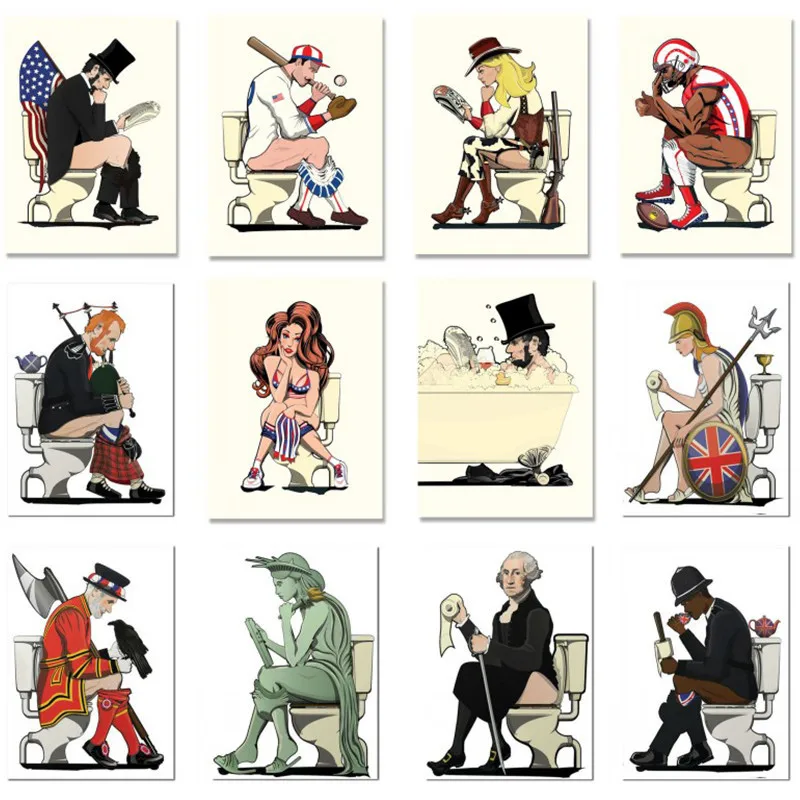 

Cartoon Funny character Sitting On The Toilet Canvas Wall Art Poster print Famous Figure Painting Pictures Bathroom Home Decor