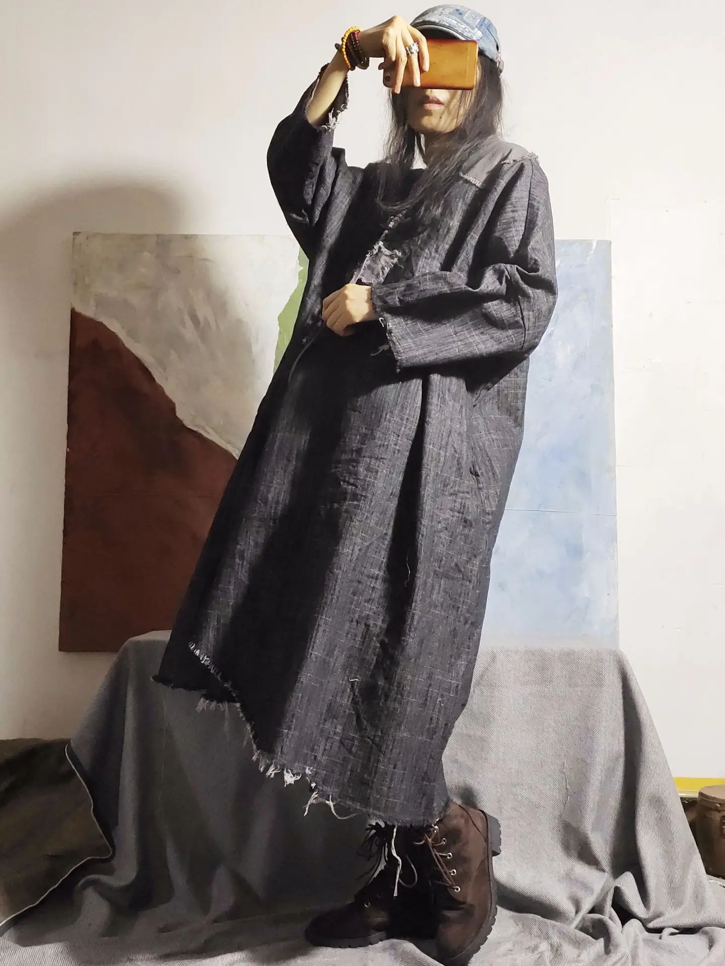 Женский рваный джинсовый тренчкот длинное пальто в стиле ретро с вышивкой