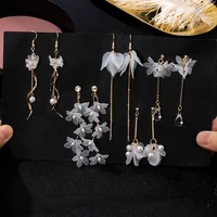 new fashion handmade flower dangle drop korean earrings for women white long geometric flower earrings 2020 wedding jewelry