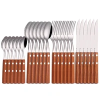 24pcs yellow home tableware set stainless steel wooden handle cutlery set kitchen spoon knife fork dinnerware set eco friendly