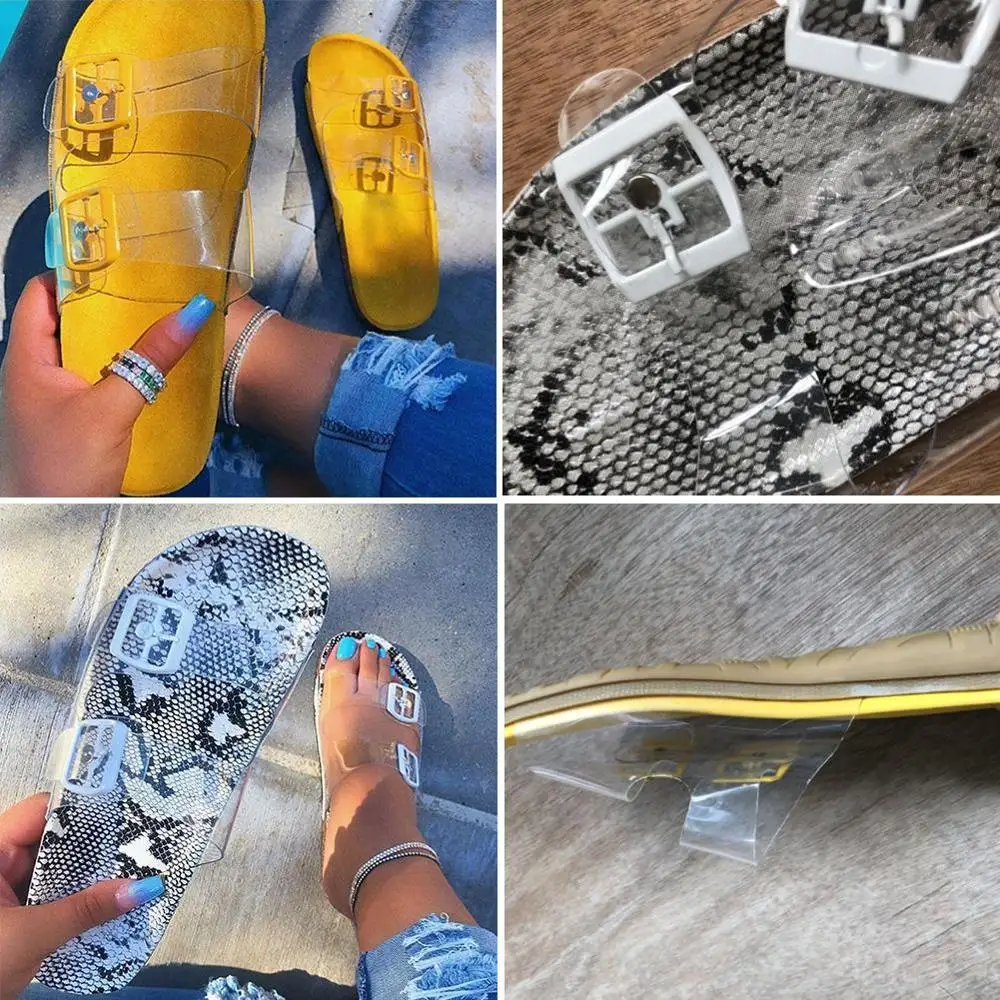 Женские шлепанцы с открытым носком и пряжкой на ремешке Дамская змеиная