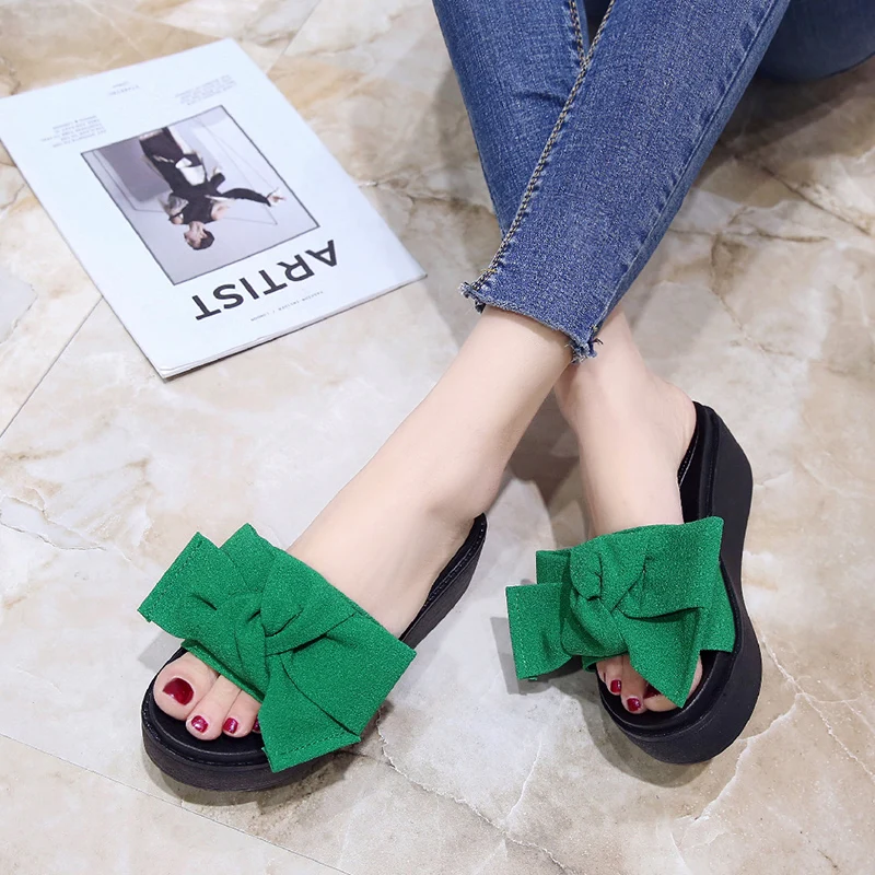 Шлепанцы Aphixta женские на платформе пляжная обувь с бантиком зеленые сандалии