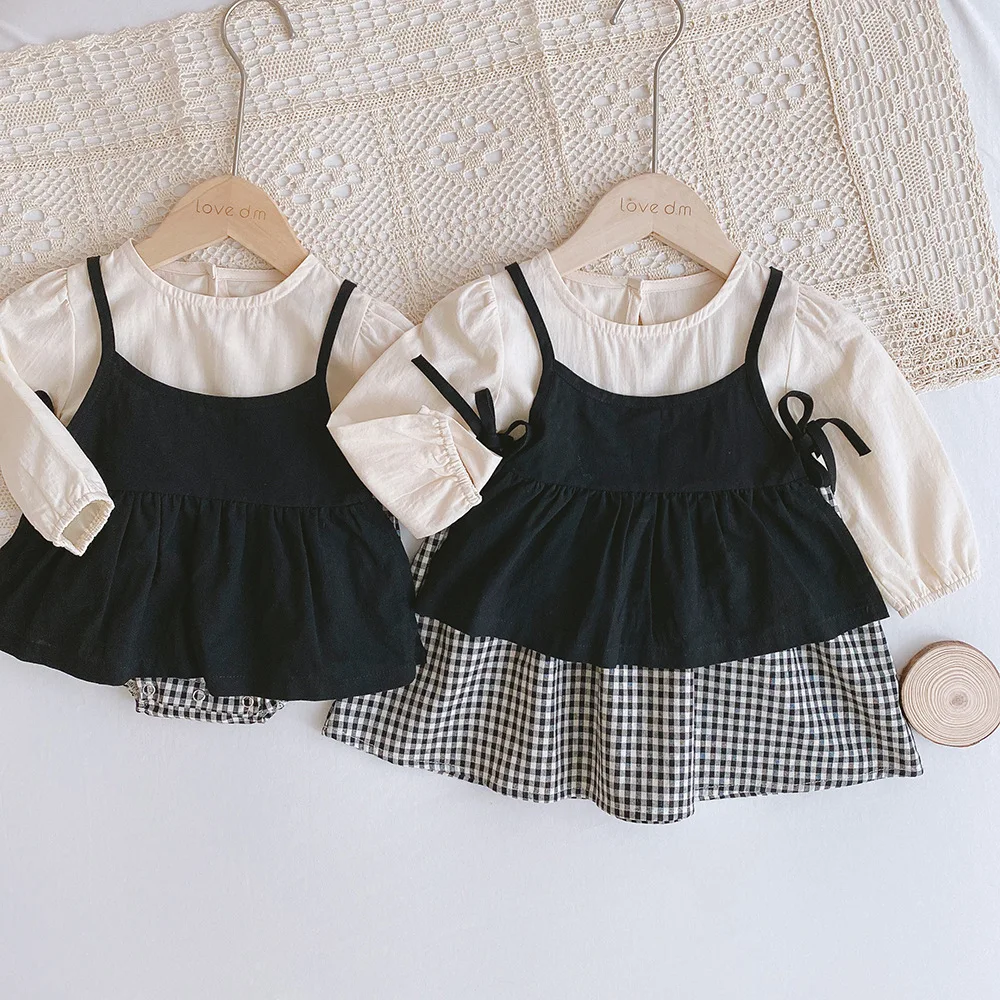 

0-2 Baby Plaid Sisters Wear Spring and Autumn Long Sleeve Triangular Climbing Sling Dress Two-piece Children's Wear Set
