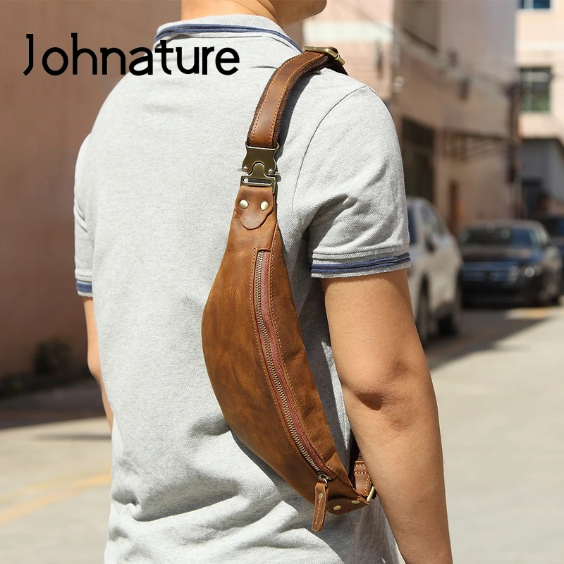 

Johnature Vintage Men Messenger Bag 2021 New Genuine Leather Waist Pack For Cell Phone Fashion Male Chest Bags Bags