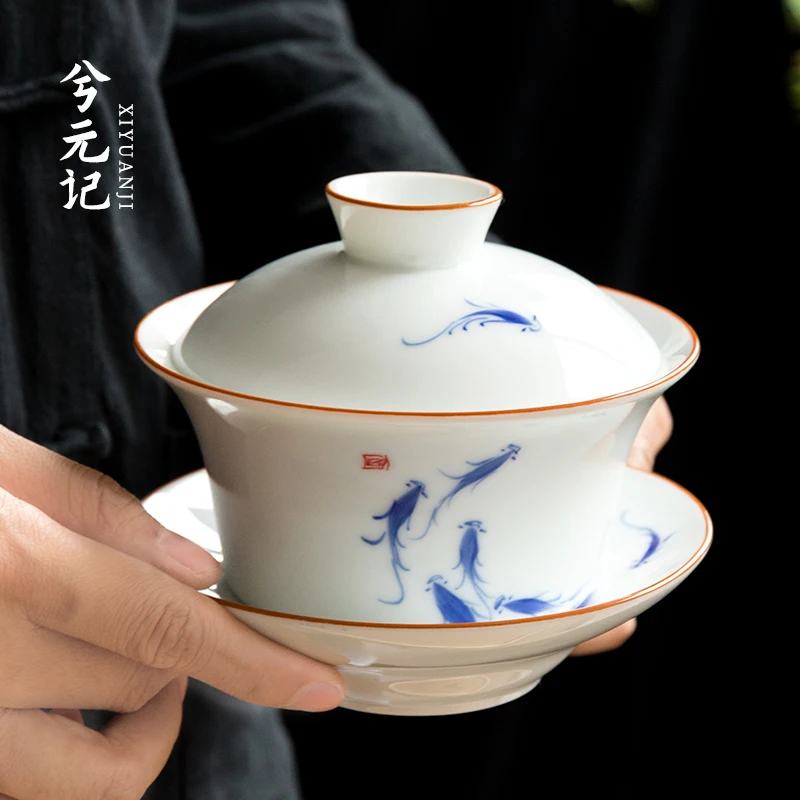 

painted white porcelain covered bowl Sancai tea bowl household ceramic tea cup single kungfu tea set extra large 300ml