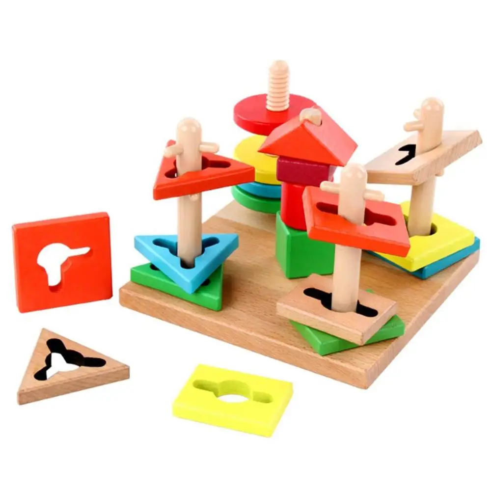 

High Quality Wooden 5 Trapping Pillars Color Building Blocks Toy Kids Geometric Shapes Cognitive Matching Building Blocks Toy