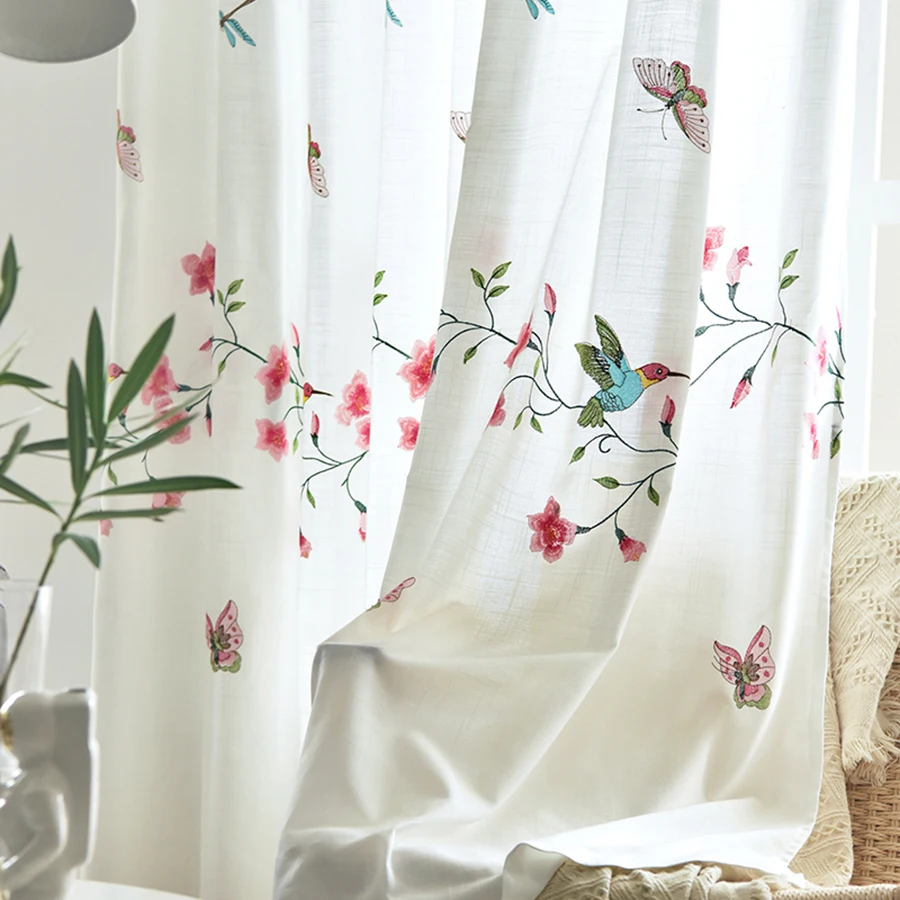 

American Country Opaque Embroidery Birds Half Shade Bedroom Delicate Plant Flower Cactus Pattern Curtains For Living Room Blinds