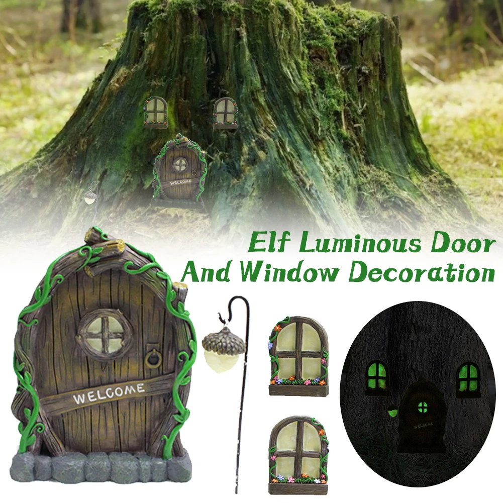 

Garden Figures Fairy Door& Windows Set Glow in the Dark Resin Tree Decoration Door with Lantern Fairy Garden Statues Yard Door