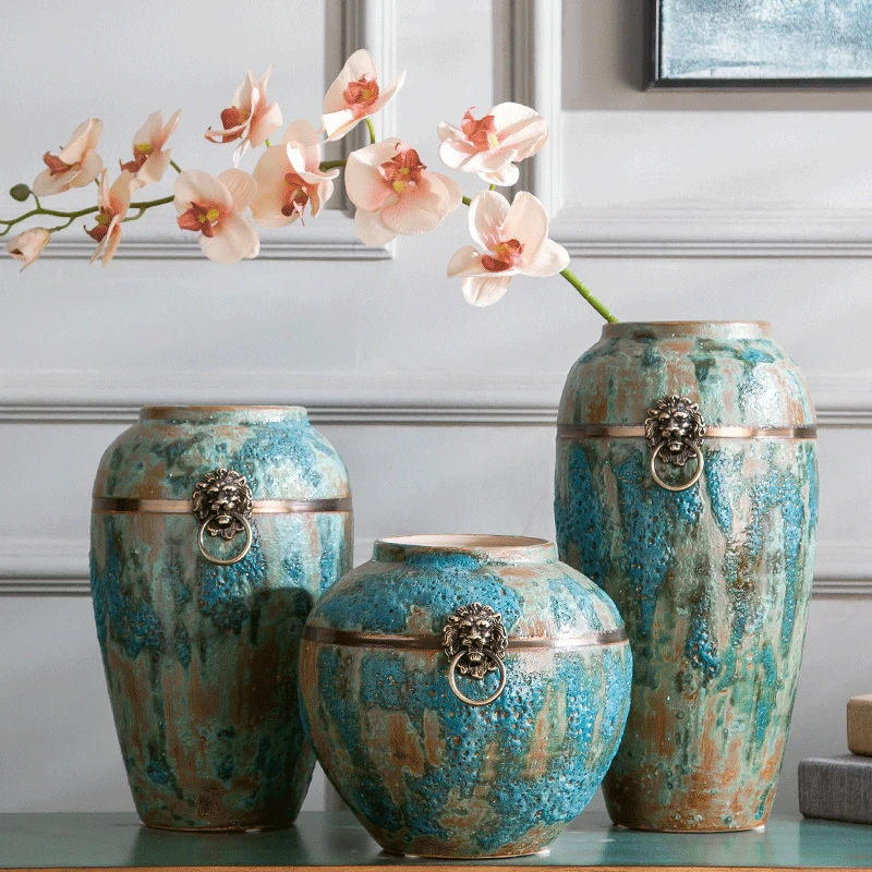 

Jingdezhen ceramic vase with copper ring blue bubble glaze ceramic floor-mounted large classical Chinese vase