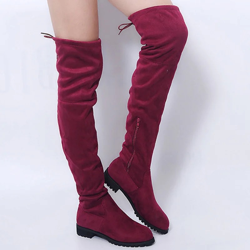 299K-winered Пикантные Сапоги выше колена на шнуровке женские сапоги в римском стиле женская обувь на плоской подошве женские замшевые высокие сапоги зимние сапоги до бедра, Размеры 35-43 - Цвет: 299K-winered
