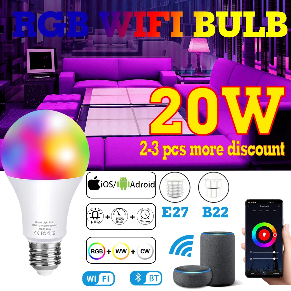 

RGB Ampolleta LED Light Bulb 20w Color Changing RGBW Magic Smart Lamp B22 E27 Wifi Bluetooth/IR Remote Control Bombillas Alexa