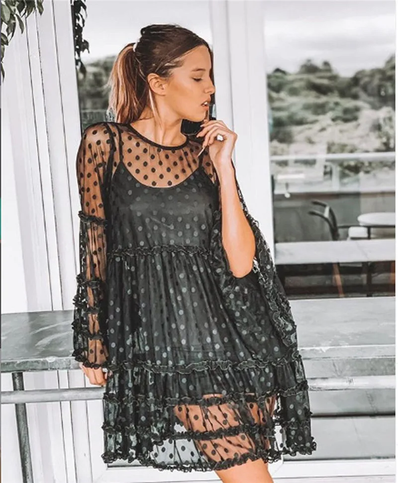 Женский прозрачный пляжный сарафан в горошек стиле бохо с длинным рукавом и