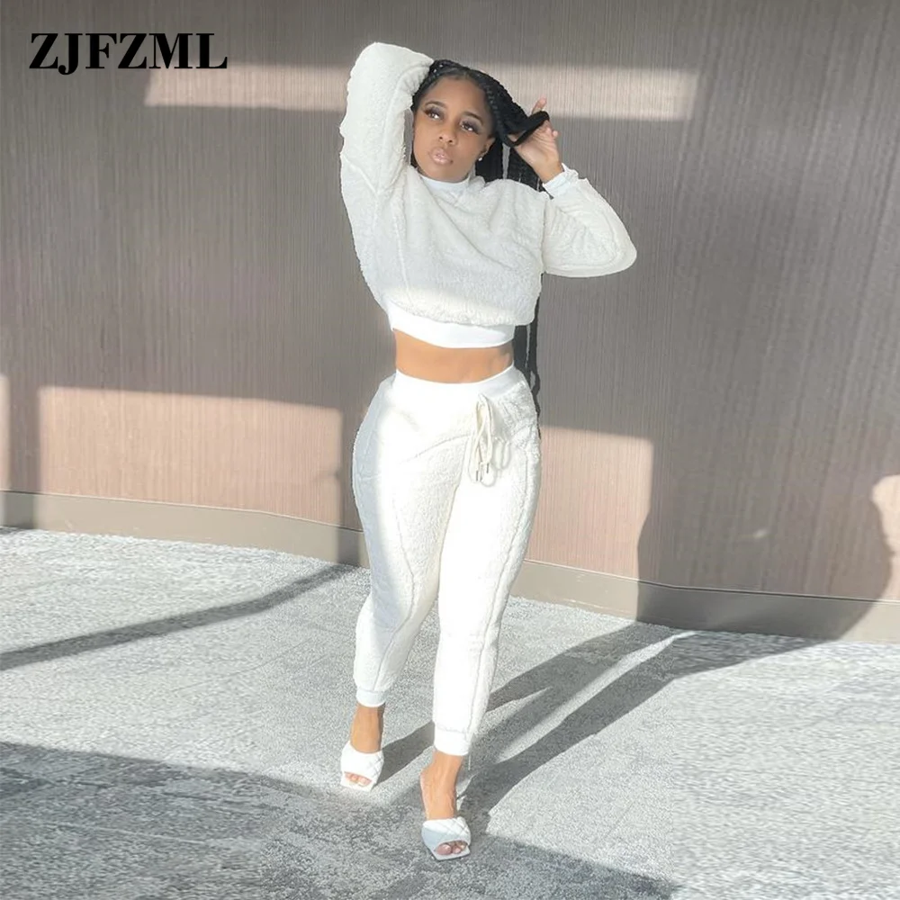 

White Softwear Warm Fleece Two Piece Set for Women Autumn Winter Long Sleeve Sweatshirt and Bodycon Pants Sweatsuit Female Suits