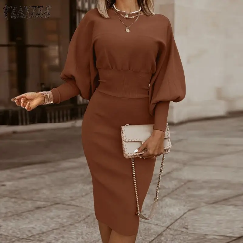 ZANZEA Stylish Women Bodycorn Dress Autumn Elegant Long Lantren Sleeve Slim Fit OL Sundress Femme Robe Solid Party Midi Vestidos