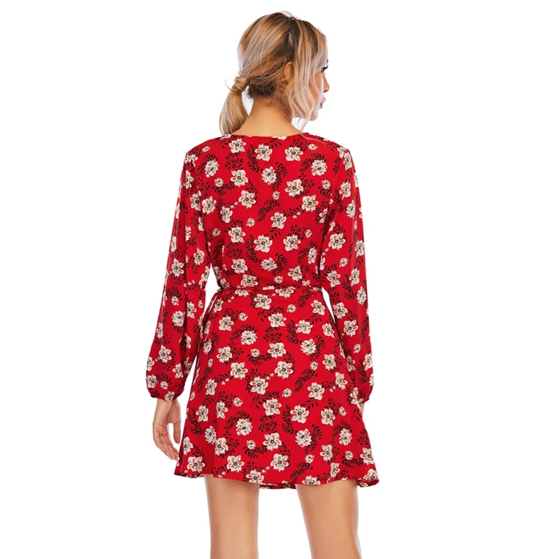

Elegant Long Sleeve Dresses Summer Fashion Printed Short Dress Women V Neck Casual Dot Print Mini Dress
