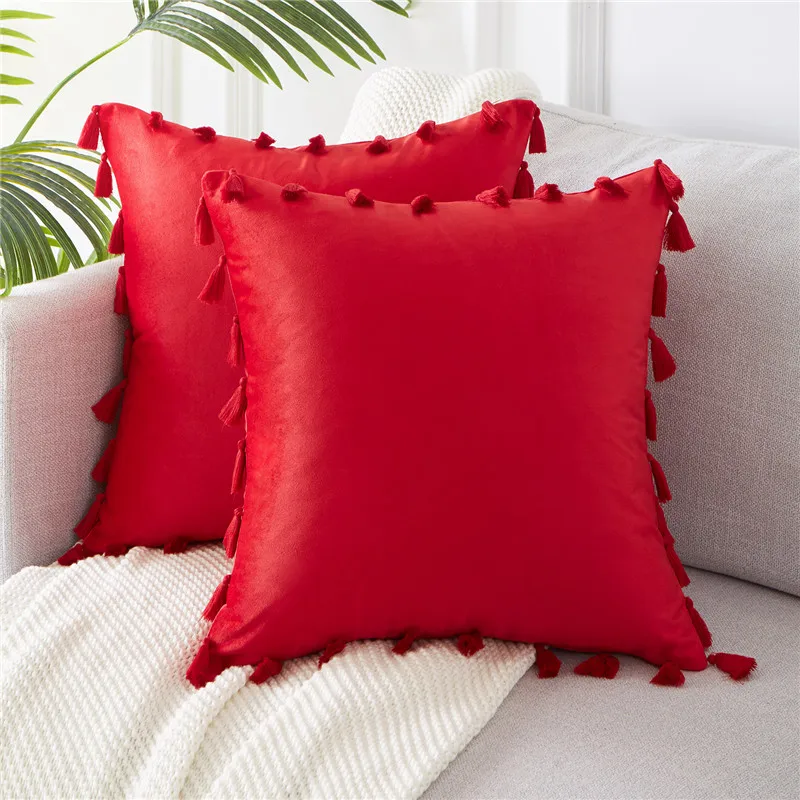 Red-Set of 2 Topfinel Твердые бархатные наволочки украшения наволочки мягкие квадратные с кисточкой для дивана кровати домашний декор автомобиля подушки - Цвет: Red-Set of 2