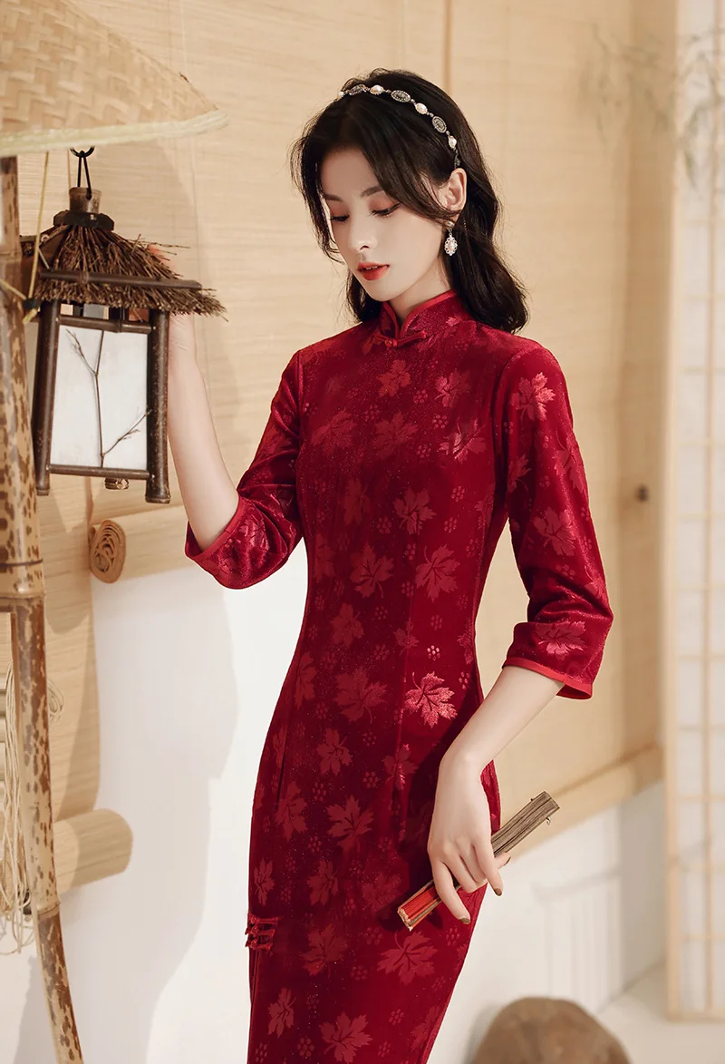 Женское винтажное красное платье Ципао с высоким разрезом и рукавом три четверти