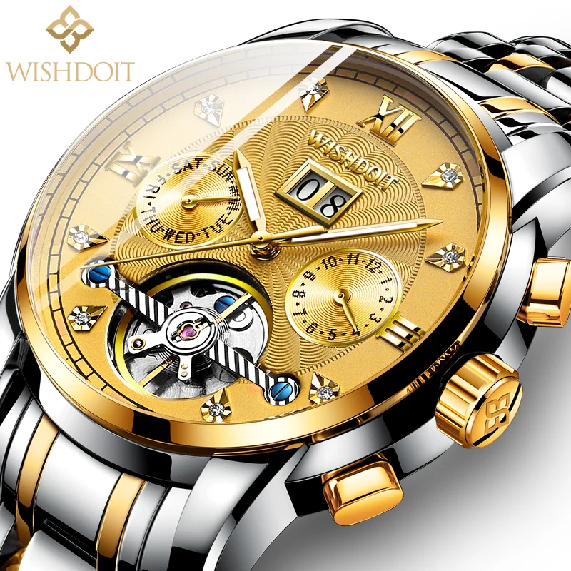 WISHDOIT Original Design Men's Automatic Watch Hollow Tourbillon Mechanical Watch Stainless Steel Waterproof Men's Watch Gold